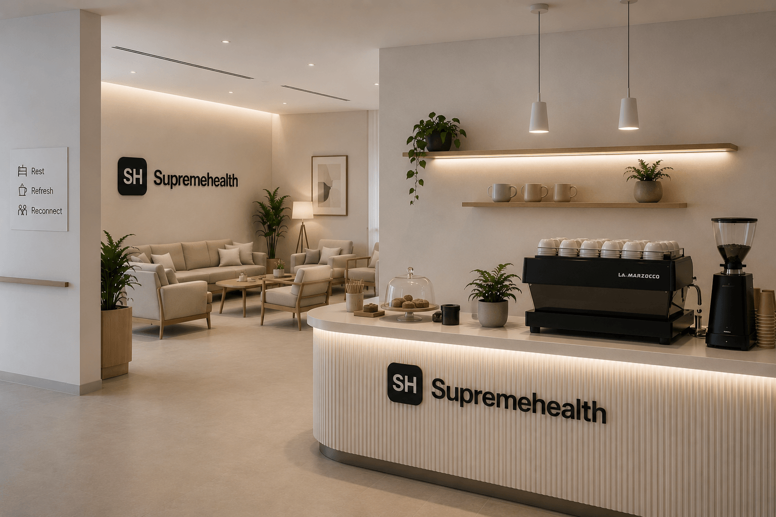 Supremehealth lounge with comfortable seating and a coffee bar